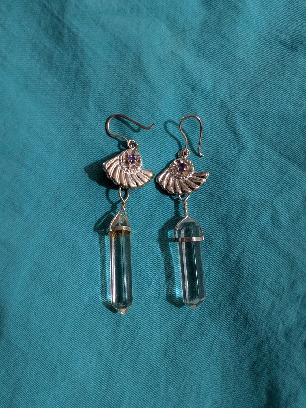 Sterling-Style Clear Crystal Point Drop Earrings with Purple Accent